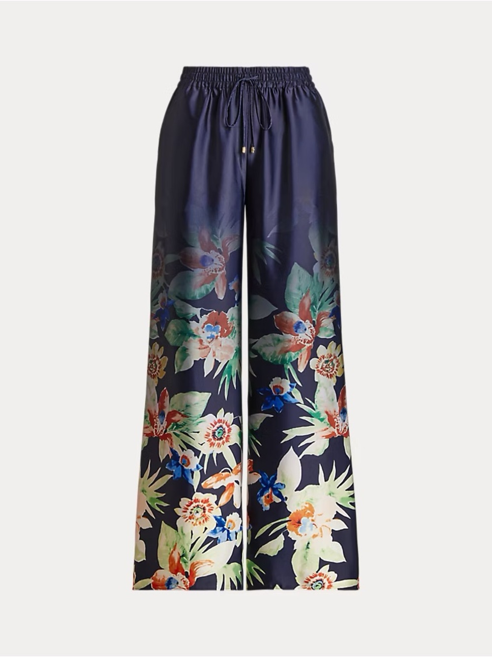 Lauren Ralph Lauren Navy Floral Charmeuse Wide-Leg Pull-on Pants Pockets